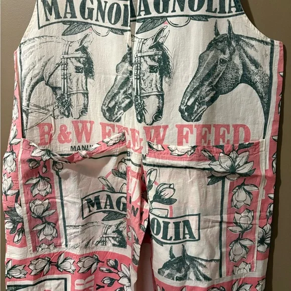 Hippie Flour Sack Overalls Horse and Magnolias Womens L/XL Pink Cream Handmade - Picture 7 of 8